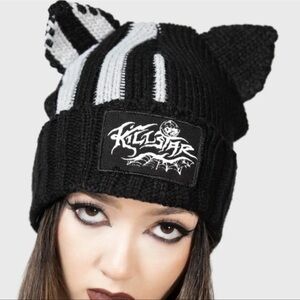 Killstar Black and Gray Cat Scratch Ear Beanie Hat UNISEX OS USED